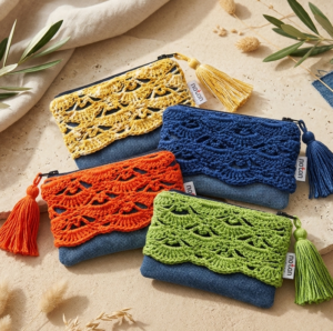 Carteira de crochet ARIA em denim e azul escuro, verde, laranja, amarelo