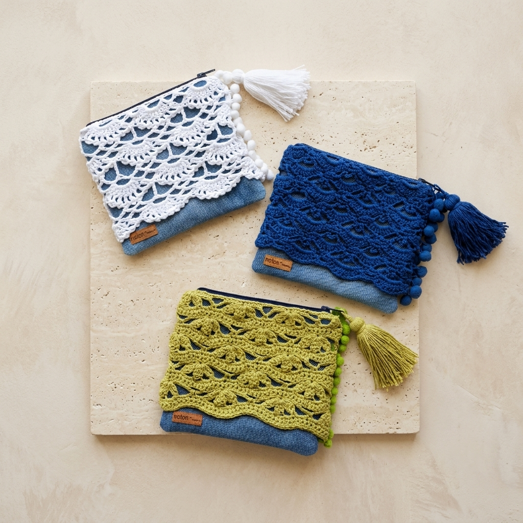 Bolsa de telemóvel em crochet e ganga coleção Vora NOTON by Raquel