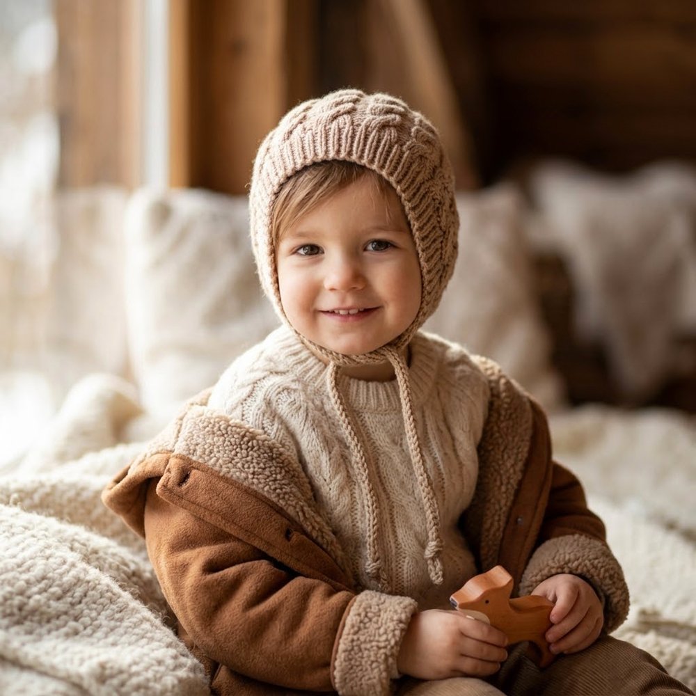 Touca de inverno para bebé em tricot artesanal na cor bege NOTON by Raquel KIDS