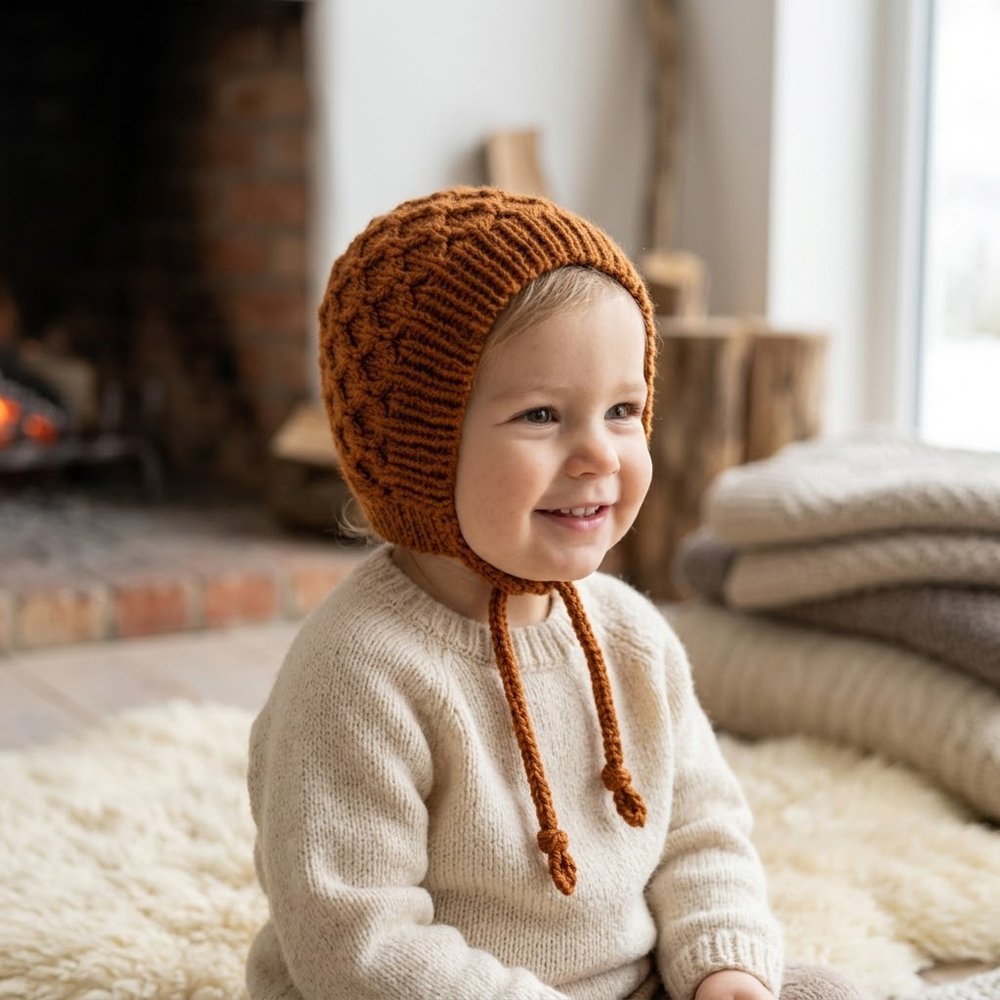 Touca de inverno para bebé em tricot artesanal na cor terra cota NOTON by Raquel KIDS